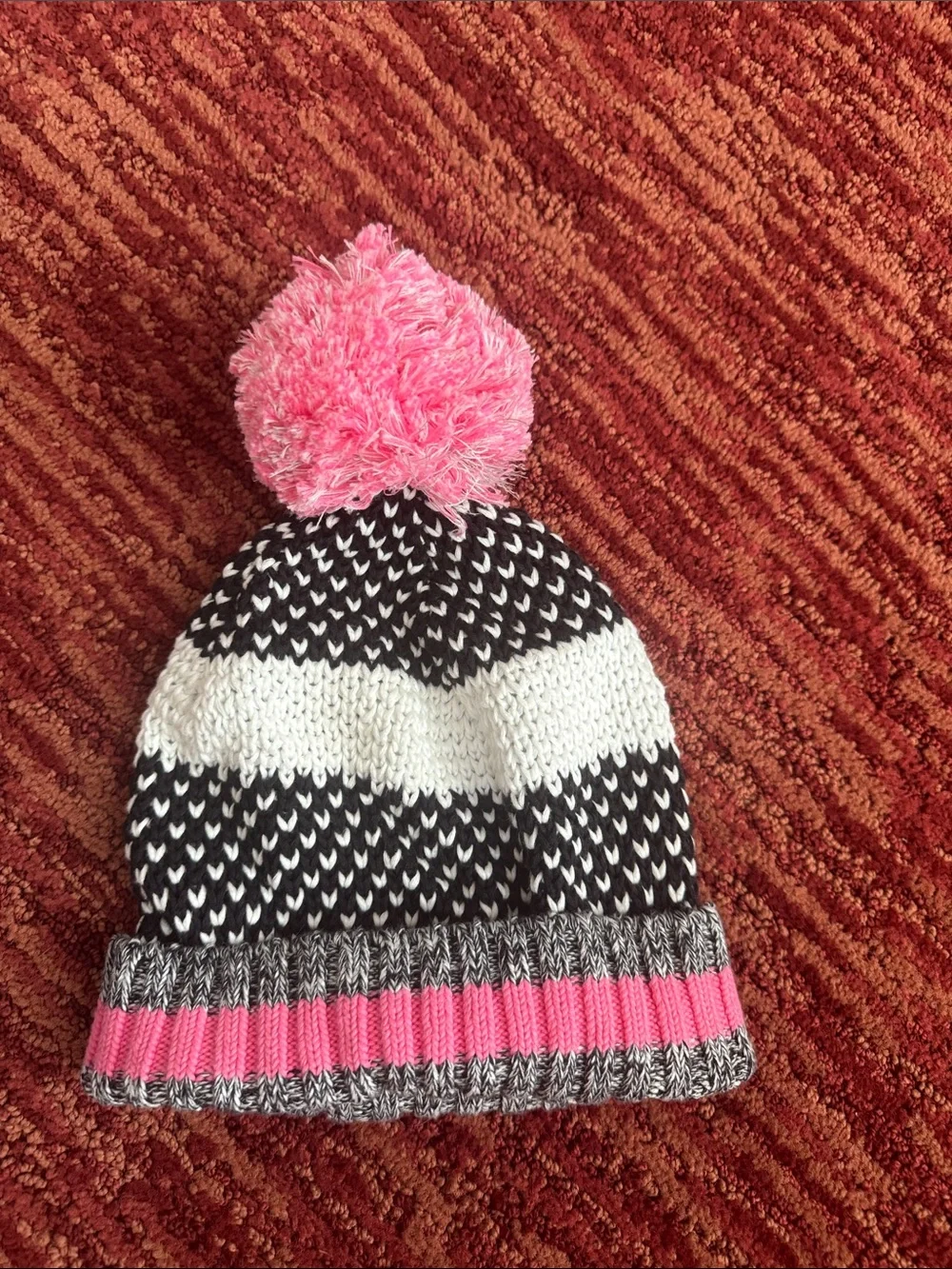 Ivivva Black & White Knit Beanie with Pink Pom Pom